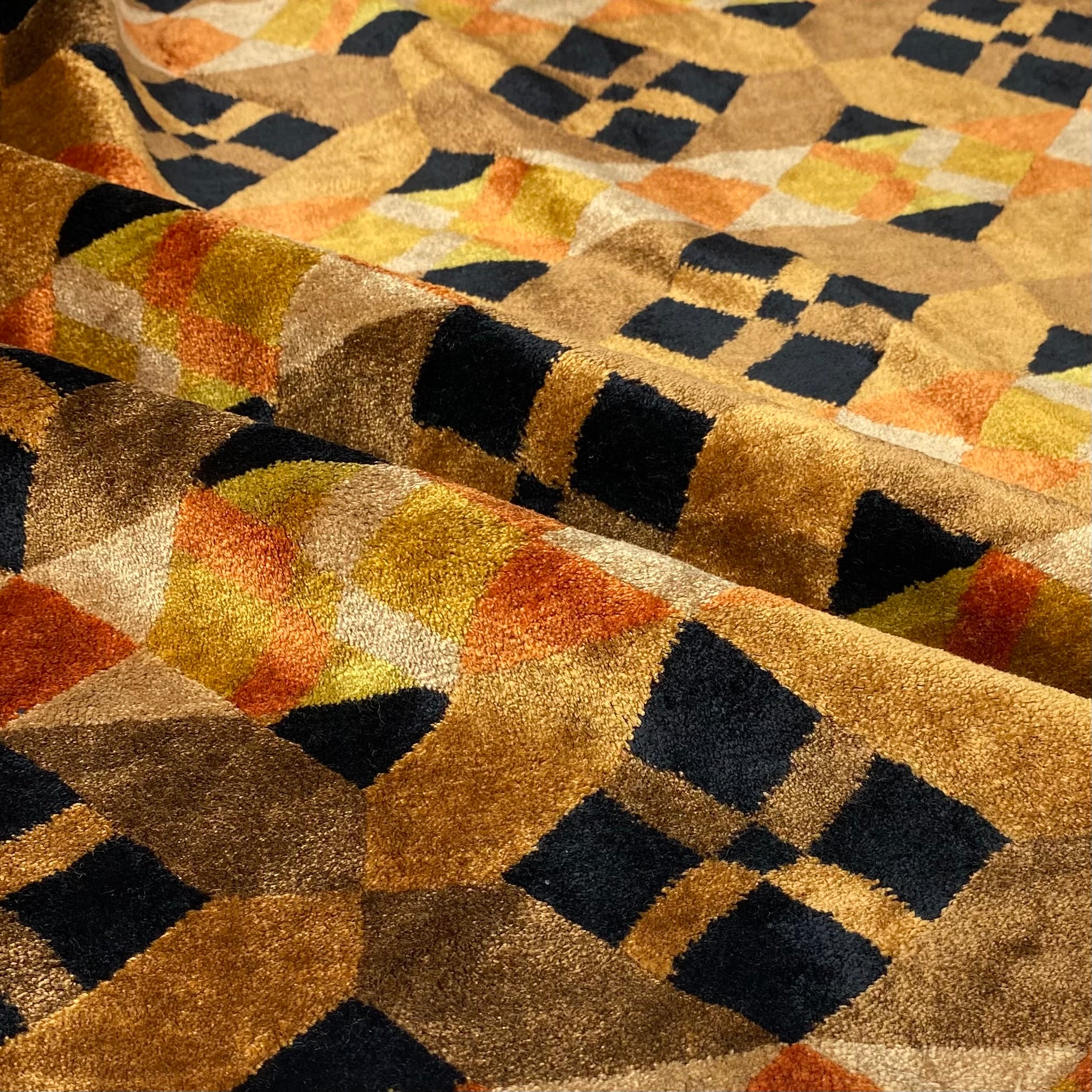 Patterned Cotton Velvet Upholstery - Designer Remnant - Brown/Orange/Black/Yellow