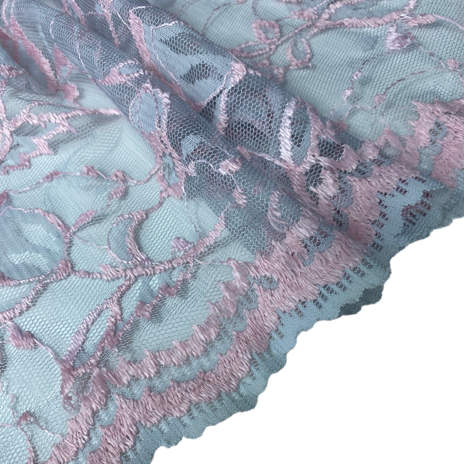 Floral Embroidered Lace with Finished Edges - Grey/Pink