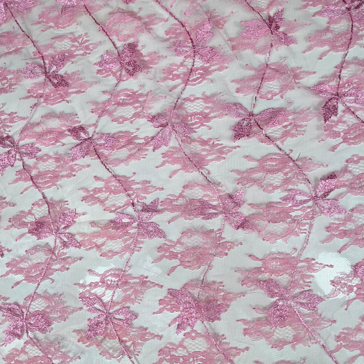 Embroidered Floral Corded Lace with Single Fished Edge - Pink