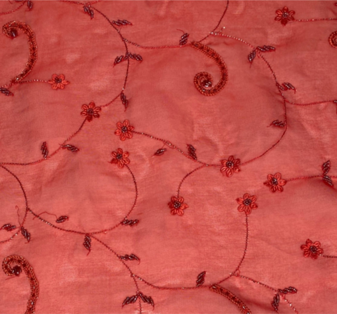 Embroidered Beaded Silk Organza - Red