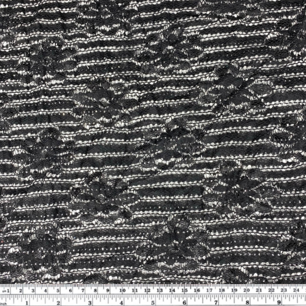 Stretch Floral Lace - Black/Silver Glitter