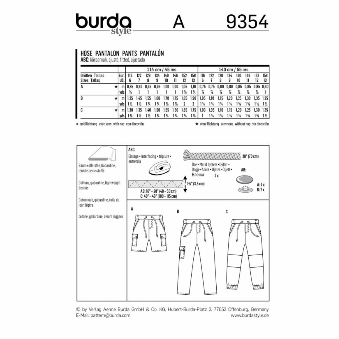 Burda Kids 9354 - Pants Sewing Pattern