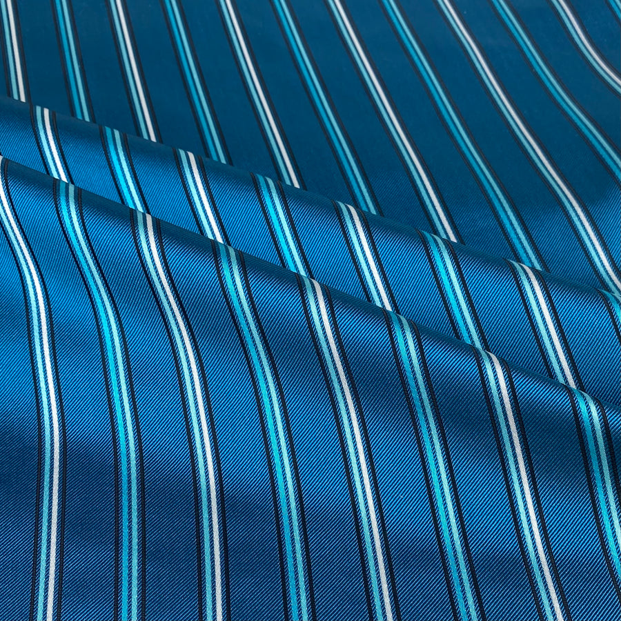 Striped Silk/Polyester Jacquard - Turquoise/Blue/White/Black - Remnant