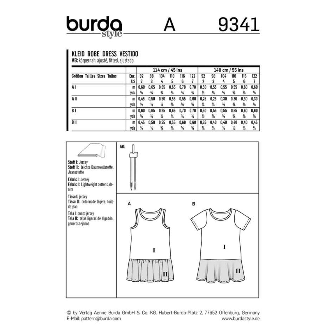 Burda Kids 9341 - Strap Dress - Shirt Dress - Low Set Skirt Sewing Pattern