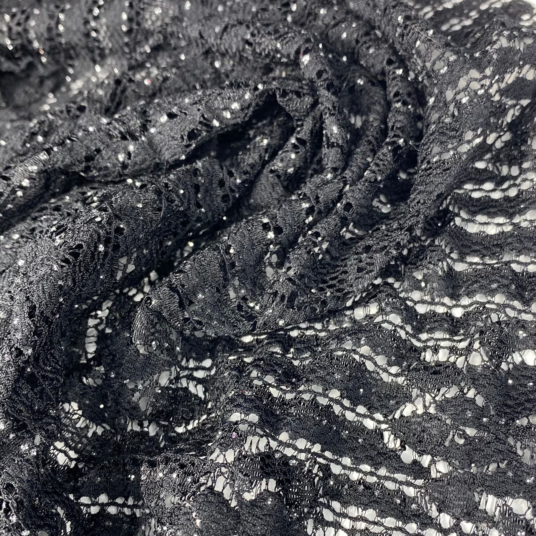 Stretch Floral Lace - Black/Silver Glitter