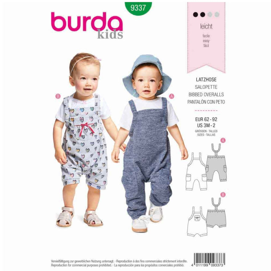 Burda Kids 9337 - Bibbed Trousers/Pants with Elastic Casing - Stretch Straps - Leg Bands Sewing Pattern