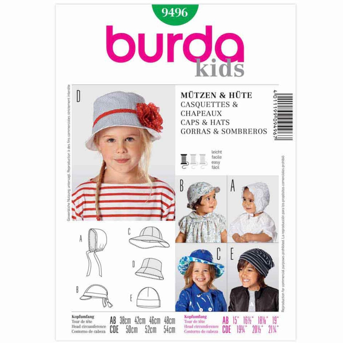 Burda Kids 9496 - Caps & Hats Sewing Pattern