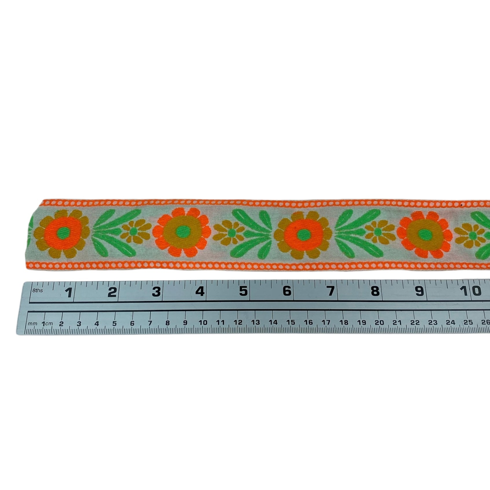 Woven Floral Jacquard Ribbon  - White/Orange/Green