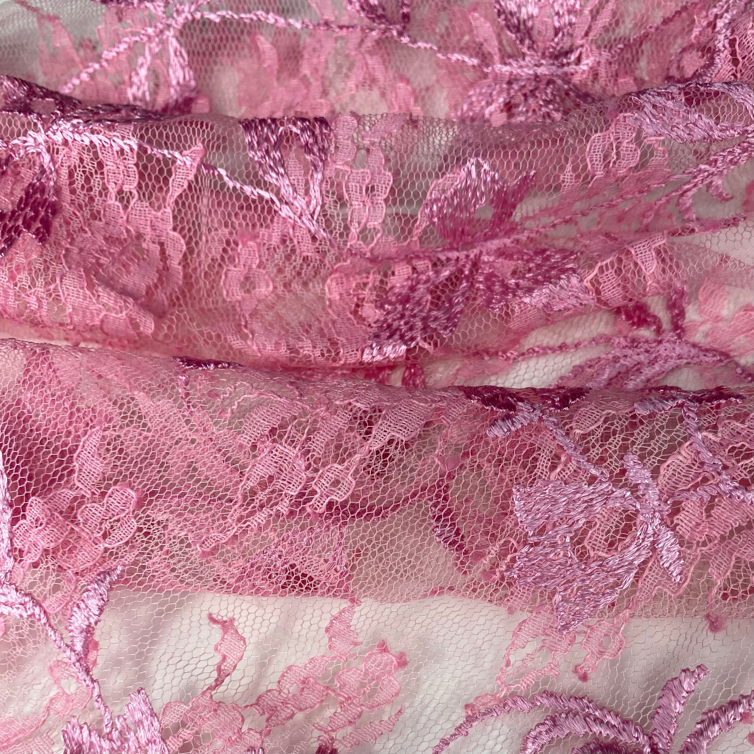 Embroidered Floral Corded Lace with Single Fished Edge - Pink