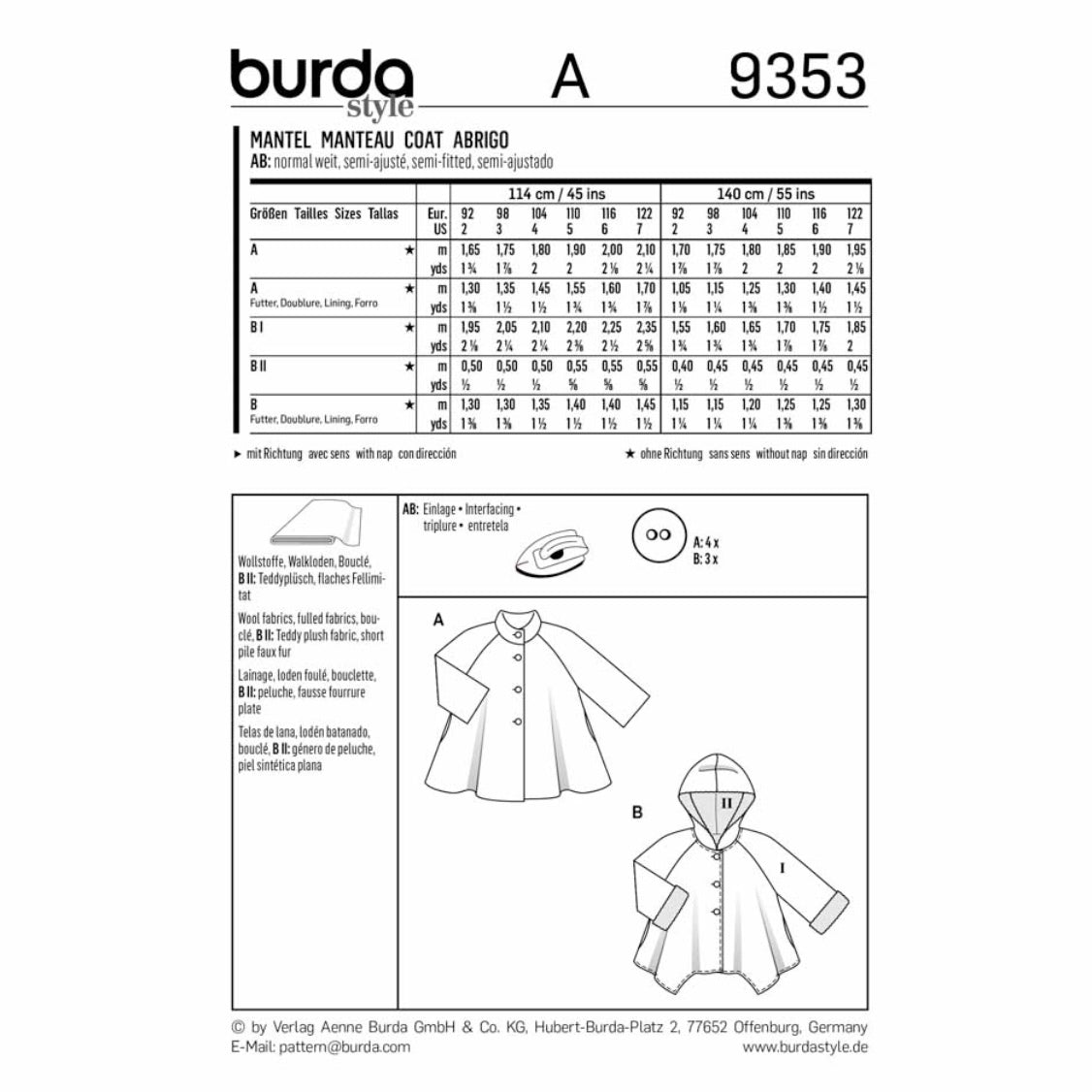 Burda Kids 9353 - Coat Sewing Pattern