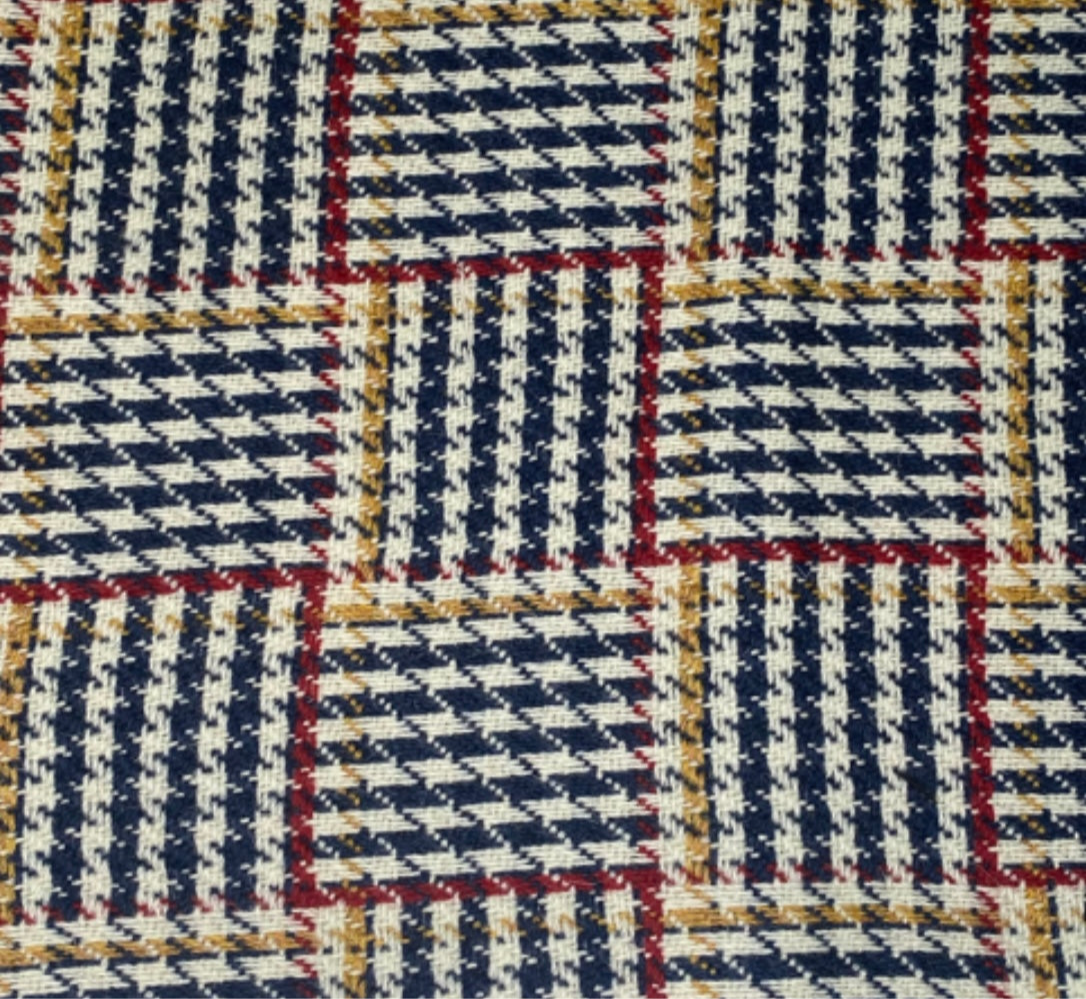 Wool Coating - Houndstooth Plaid - Blue/Cream/Red/Yellow