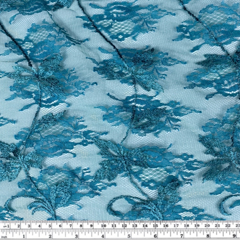 Floral Embroidered Lace with Finished Edge - Remnant - Blue