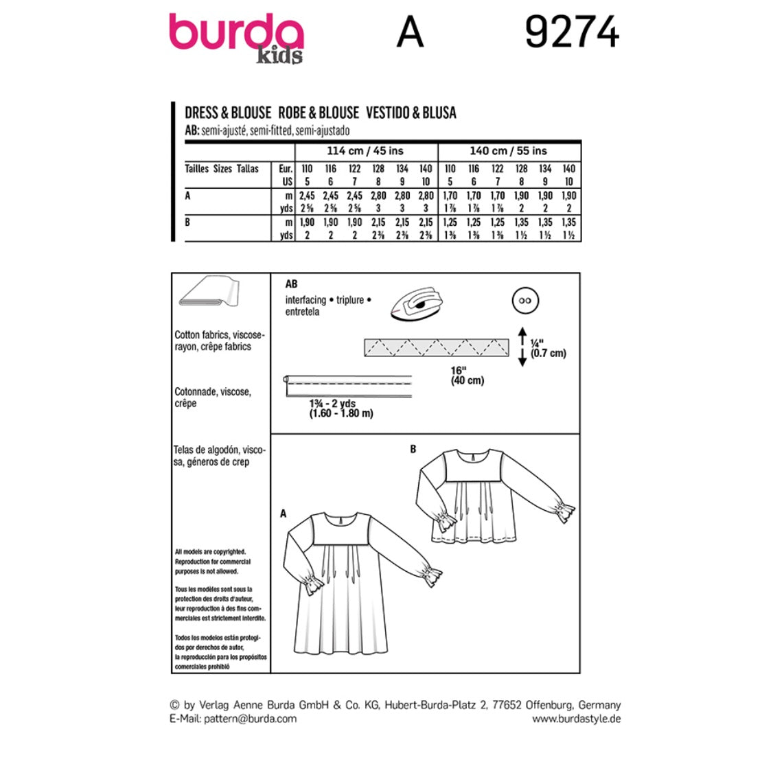 Burda Kids 9274 - Top, Dress – Dress, Blouse with Yoke – Loose Drape Sewing Pattern