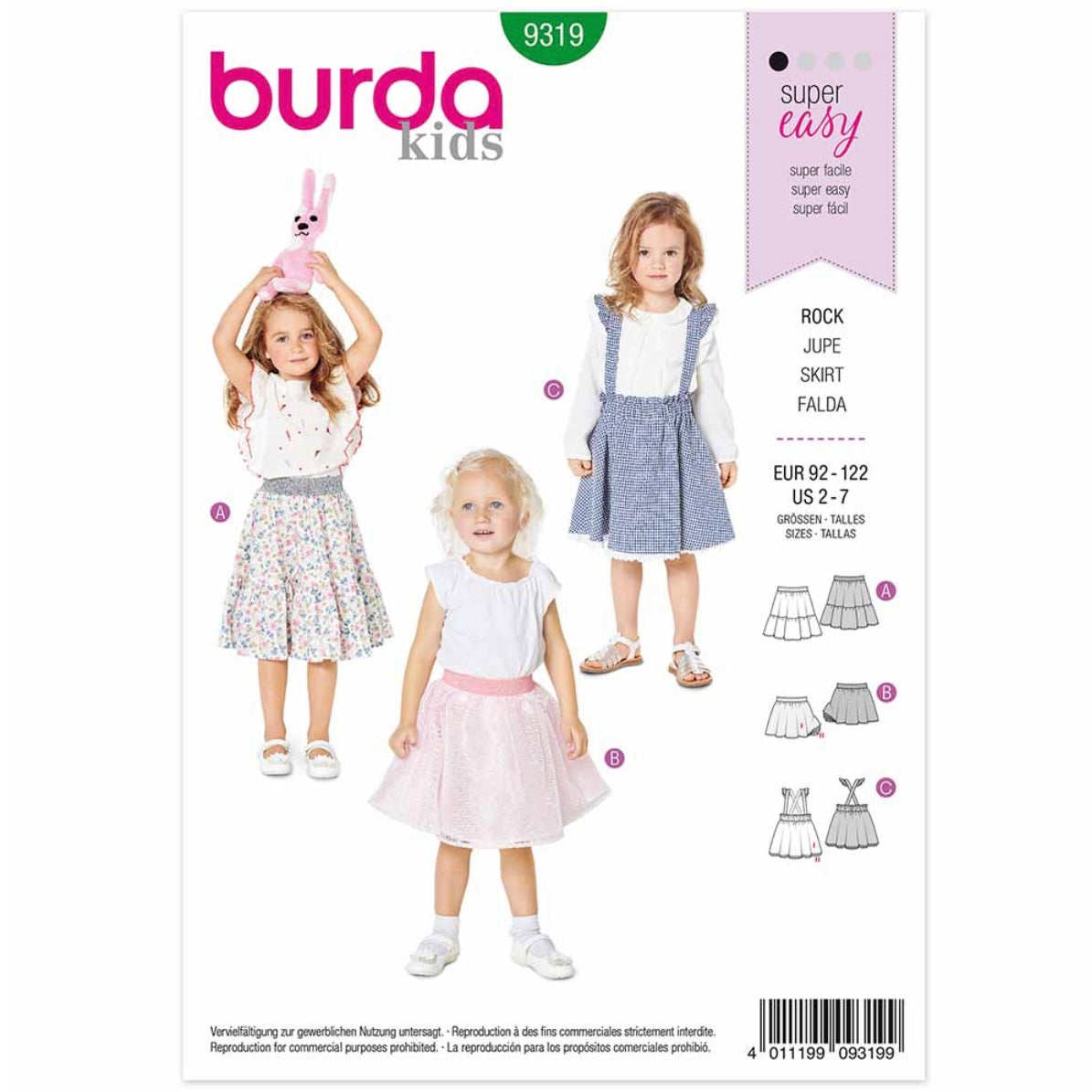 Burda Kids 9319 - Skirt with Elastic Waistband - Pinafore Skirt Sewing Pattern