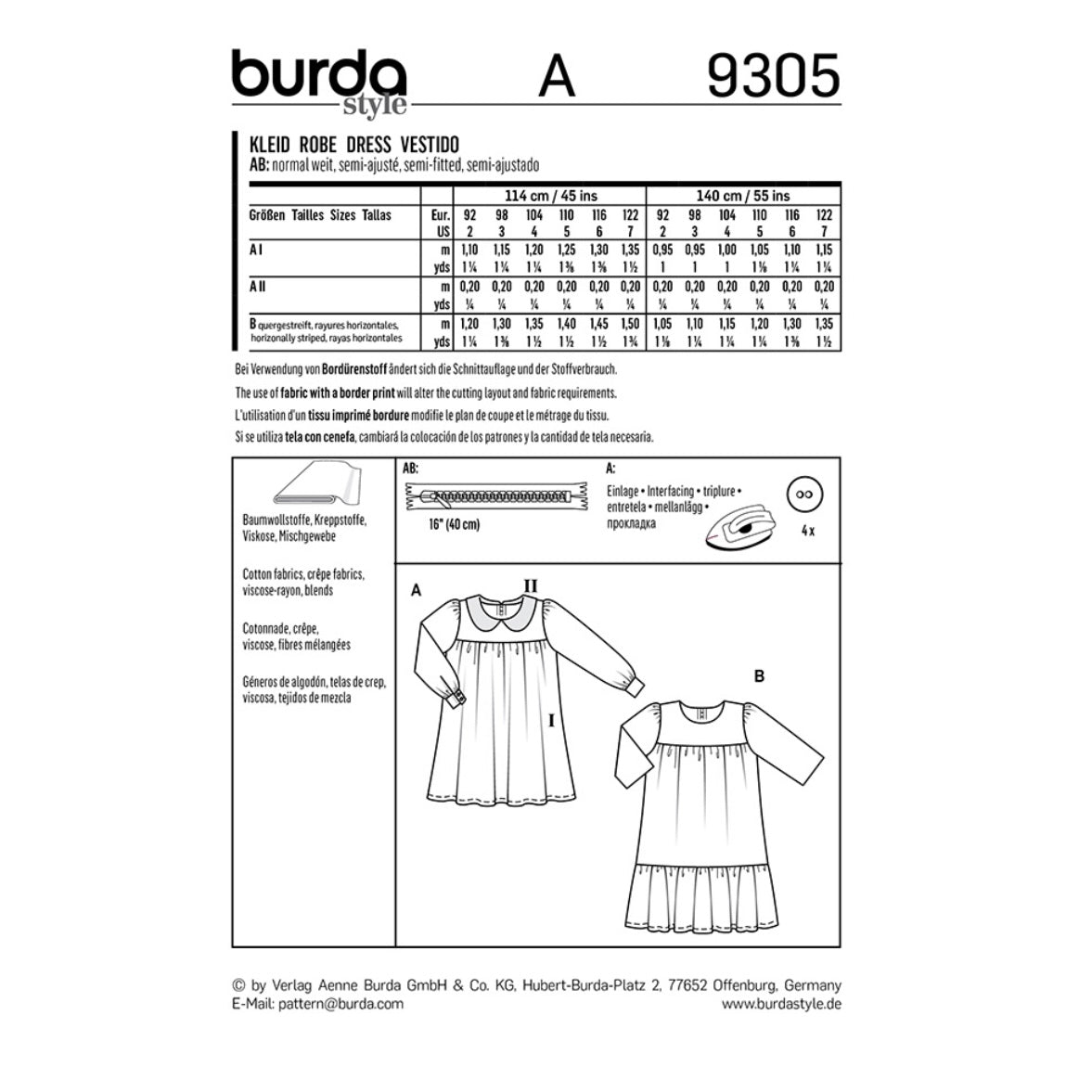 Burda Kids 9305 - Dress with Yoke Sewing Pattern