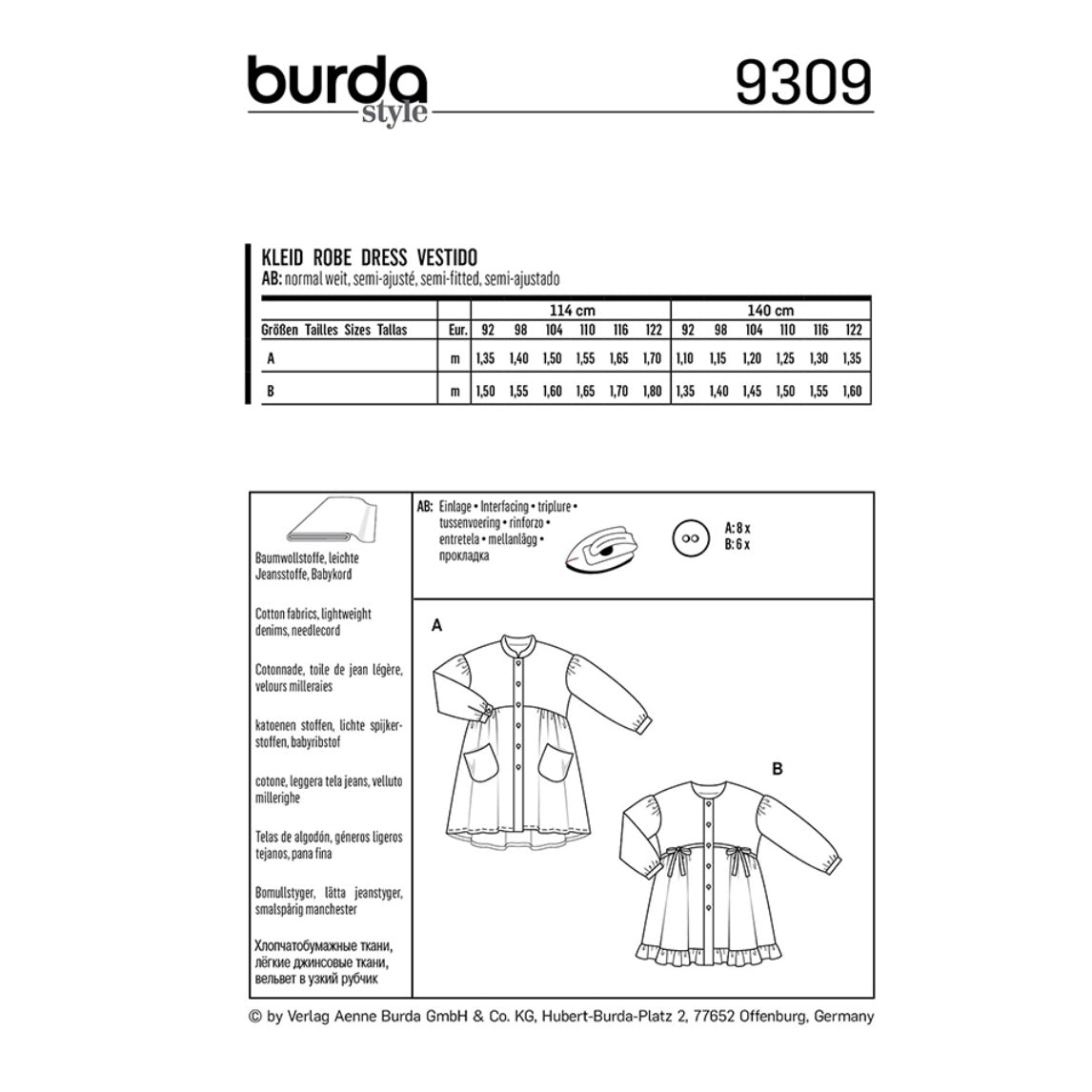 Burda Kids 9309 - Dress with Button Fastening - Gathered Skirt Sewing Pattern