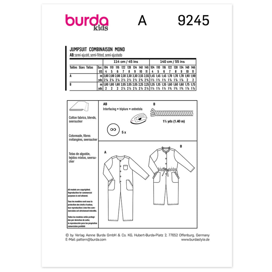 Burda Kids 9245 - Child Jumpsuit Sewing Pattern