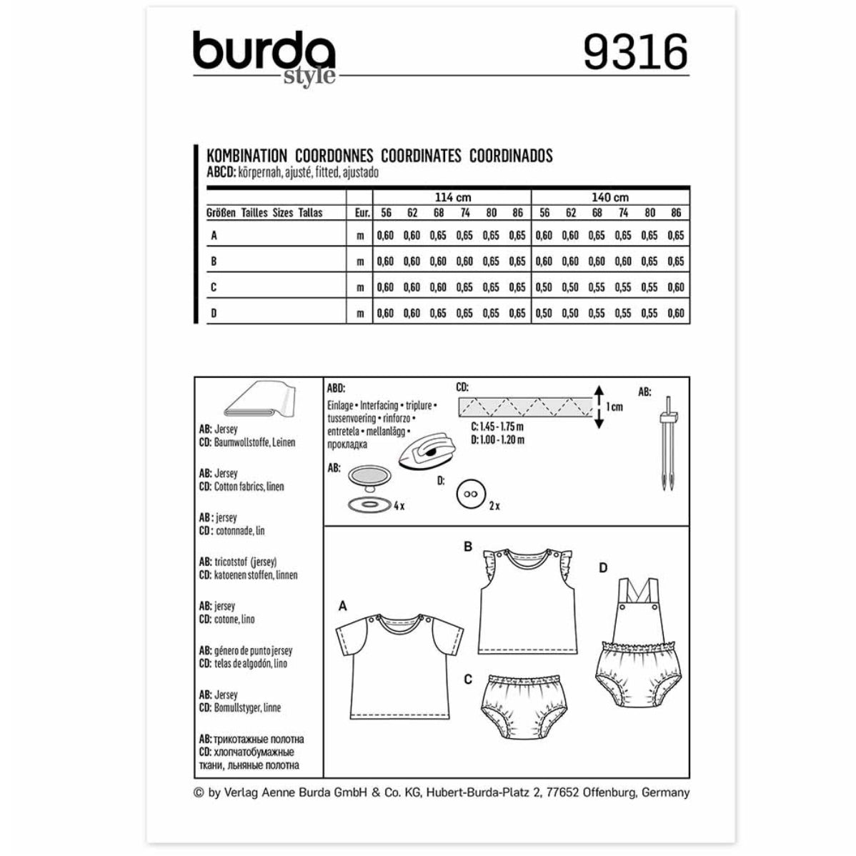 Burda Kids 9316 - Shirt - Top - Wide-Leg Panties - Bibbed Shorts Sewing Pattern