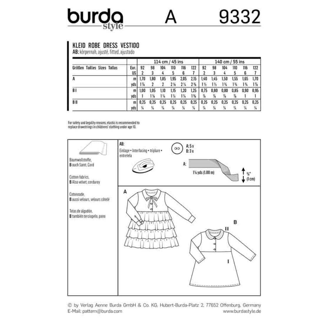 Burda Kids 9332 - Empire Waist Dress with Frilled Skirt or Flared Skirt Sewing Pattern