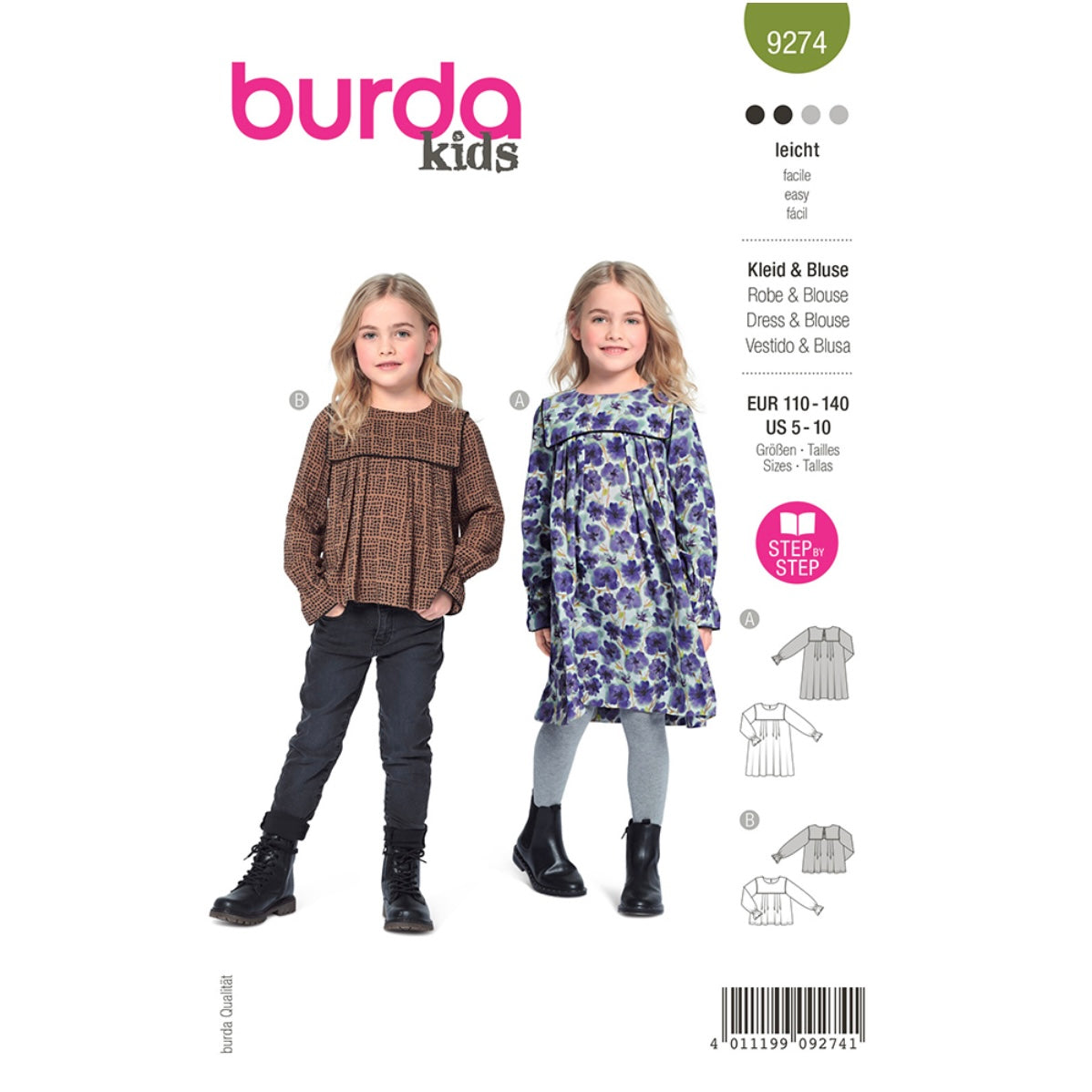 Burda Kids 9274 - Top, Dress – Dress, Blouse with Yoke – Loose Drape Sewing Pattern