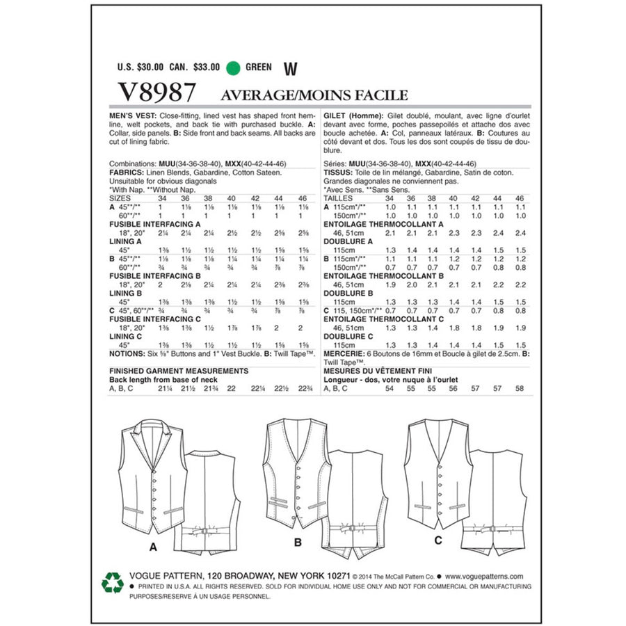 Vogue V8987 Vest Sewing Pattern