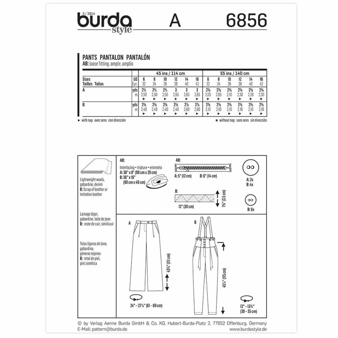 Pants Sewing Pattern - Burda Young 6856