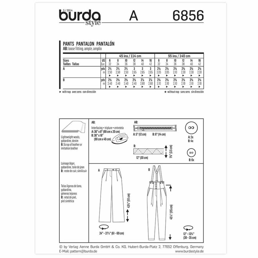 Pants Sewing Pattern - Burda Young 6856