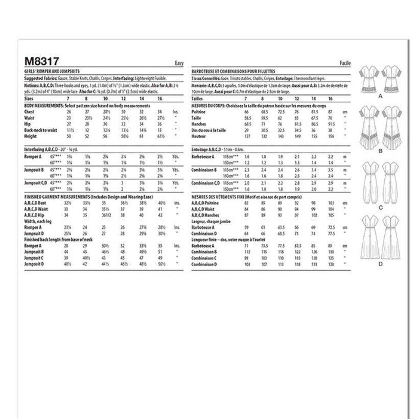 McCalls M8317 - Romper and Jumpsuits Sewing Pattern