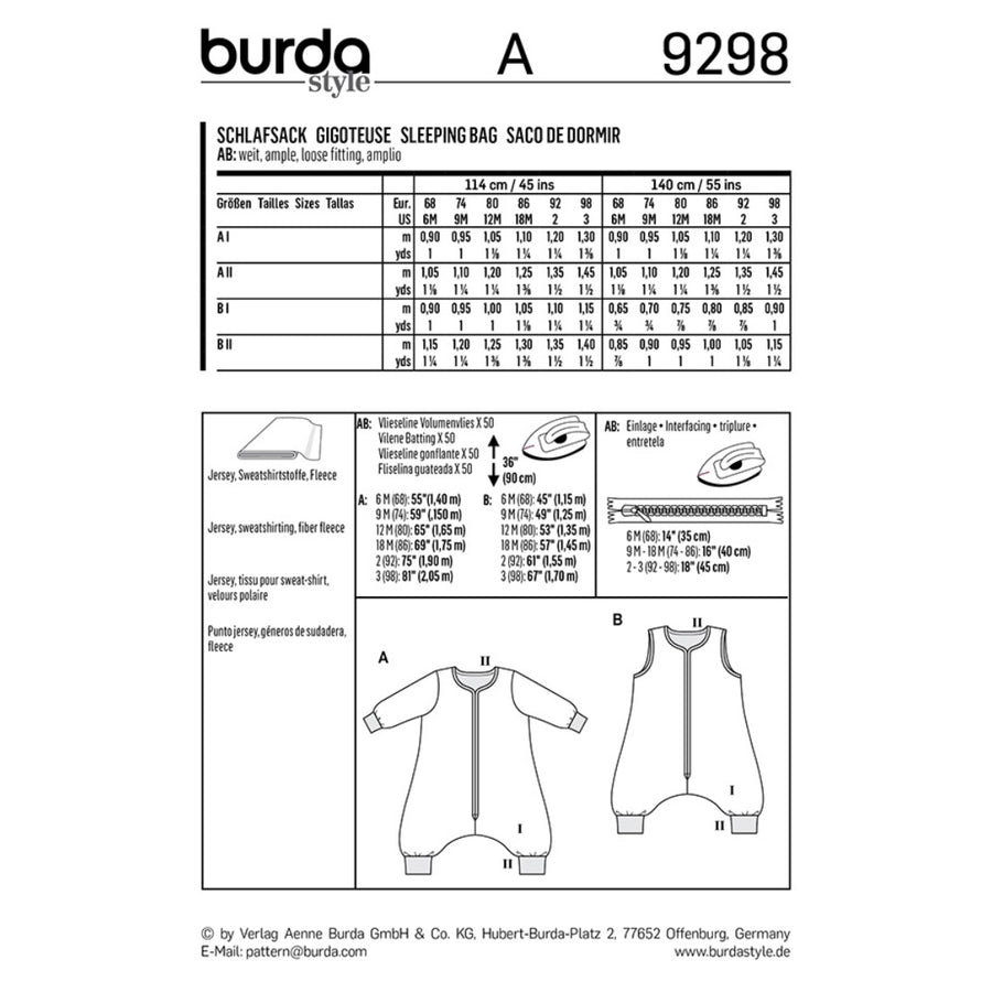 Burda Kids 9298 - Sleeping Bag with Legs Sewing Pattern