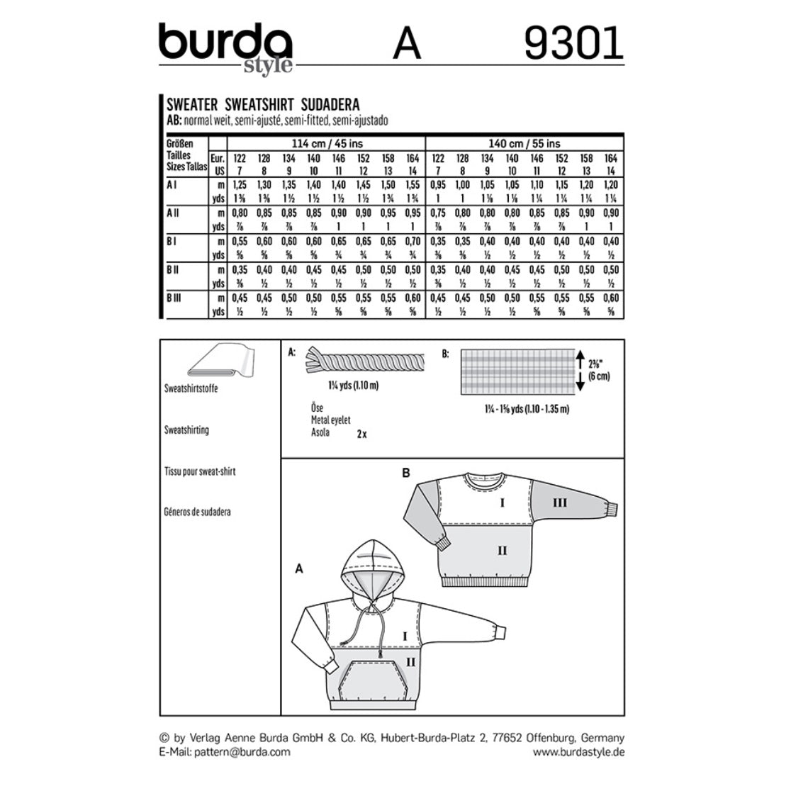 Burda Kids 9301 - Hoodie Sewing Pattern