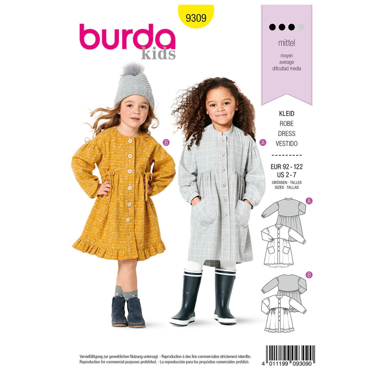 Burda Kids 9309 - Dress with Button Fastening - Gathered Skirt Sewing Pattern