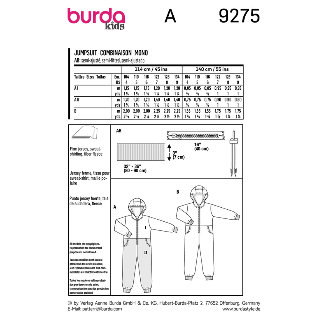 Burda Kids 9275 - Hooded Jumpsuit/Onesie Sewing Pattern