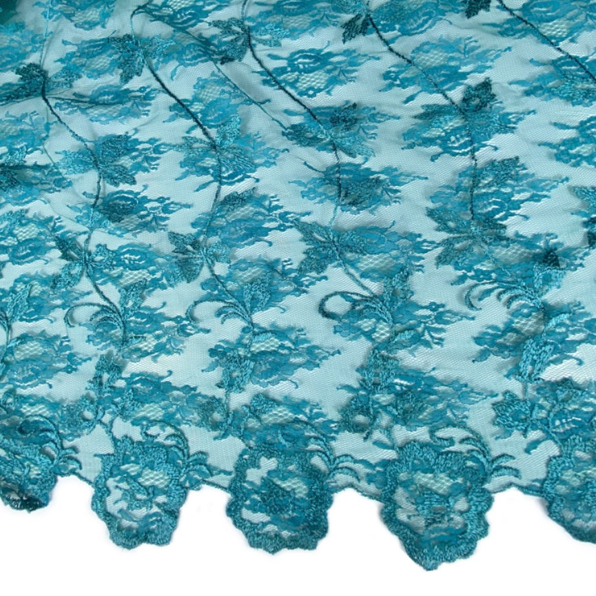 Floral Embroidered Lace with Finished Edge - Remnant - Blue