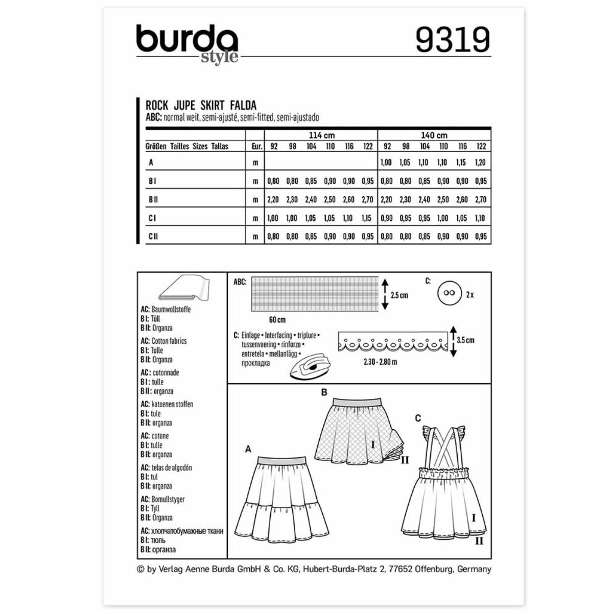 Burda Kids 9319 - Skirt with Elastic Waistband - Pinafore Skirt Sewing Pattern