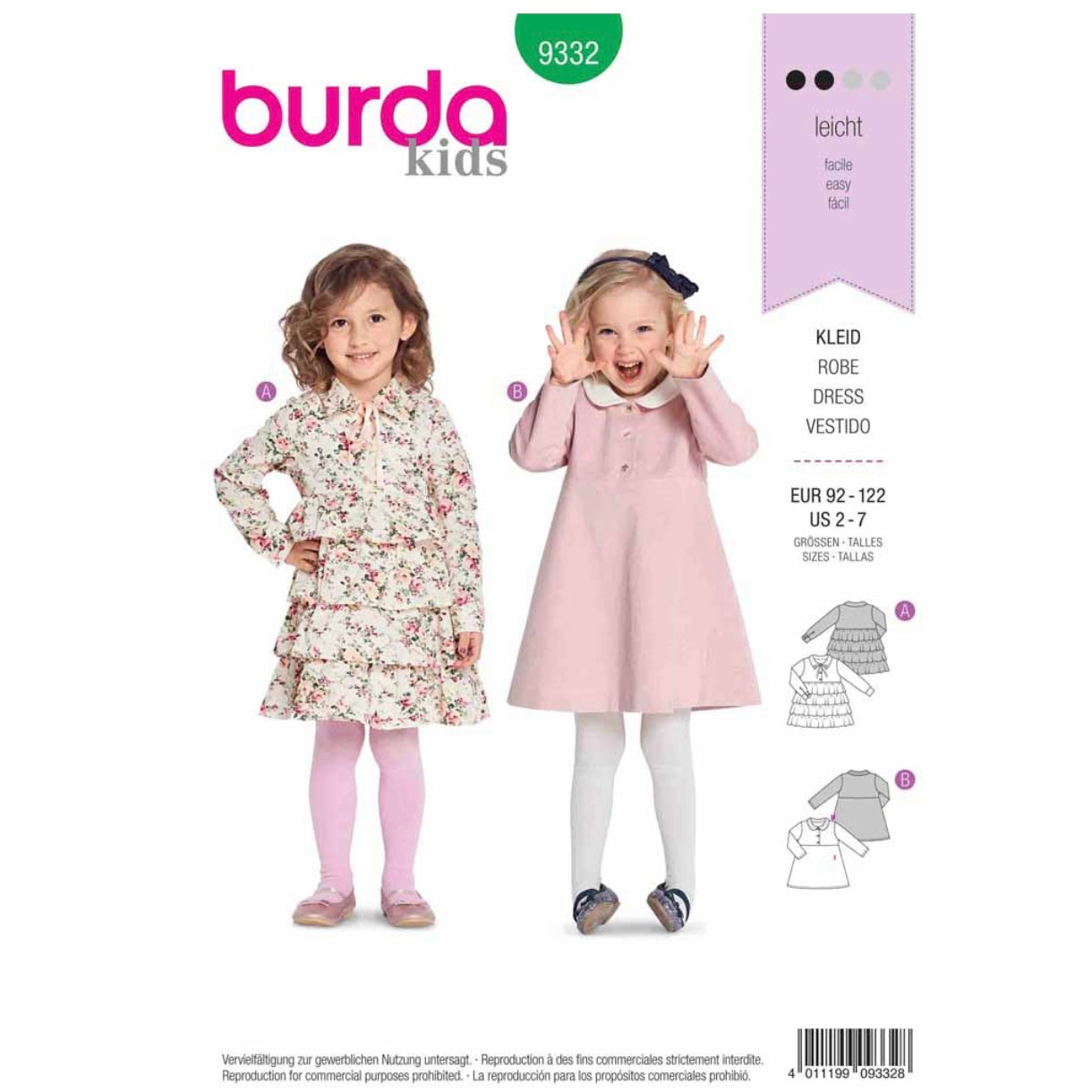 Burda Kids 9332 - Empire Waist Dress with Frilled Skirt or Flared Skirt Sewing Pattern