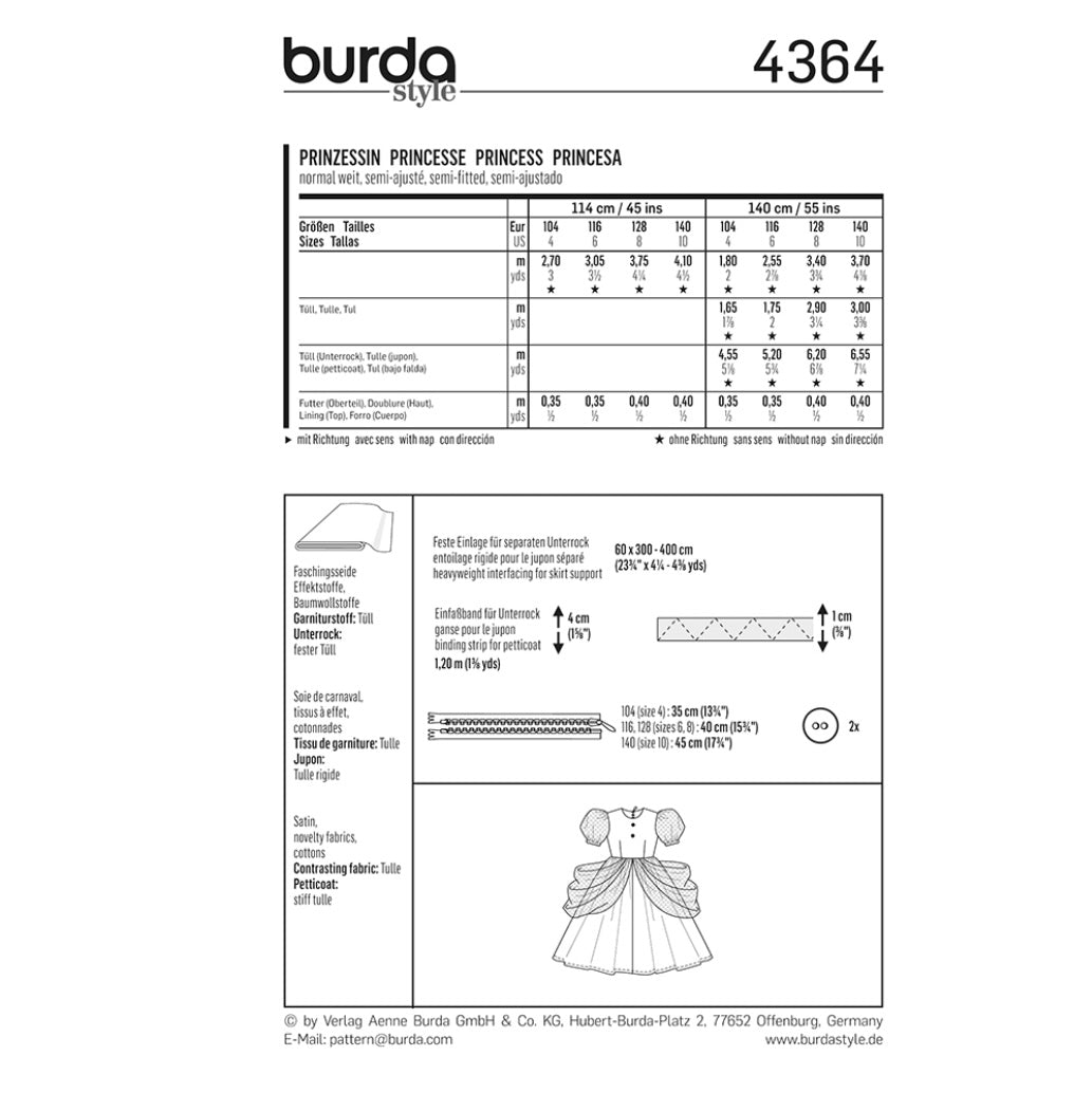 Burda Kids 4364 - Princess Dress Sewing Pattern