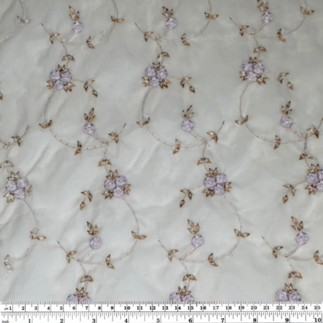 Embroidered Silk Organza - Off White/Purple/Brown