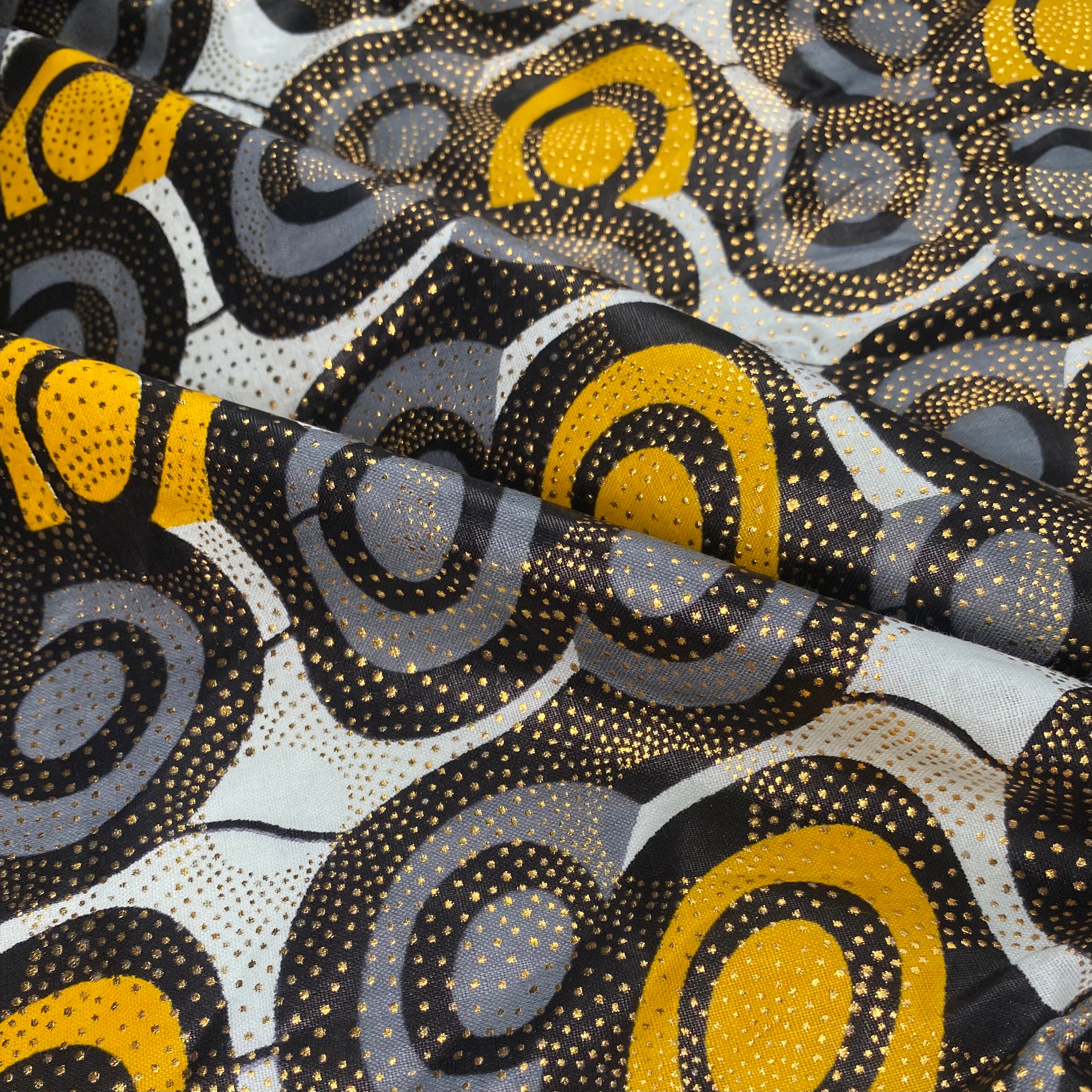 Waxed Metallic African Printed Cotton - Grey/Black/Yellow