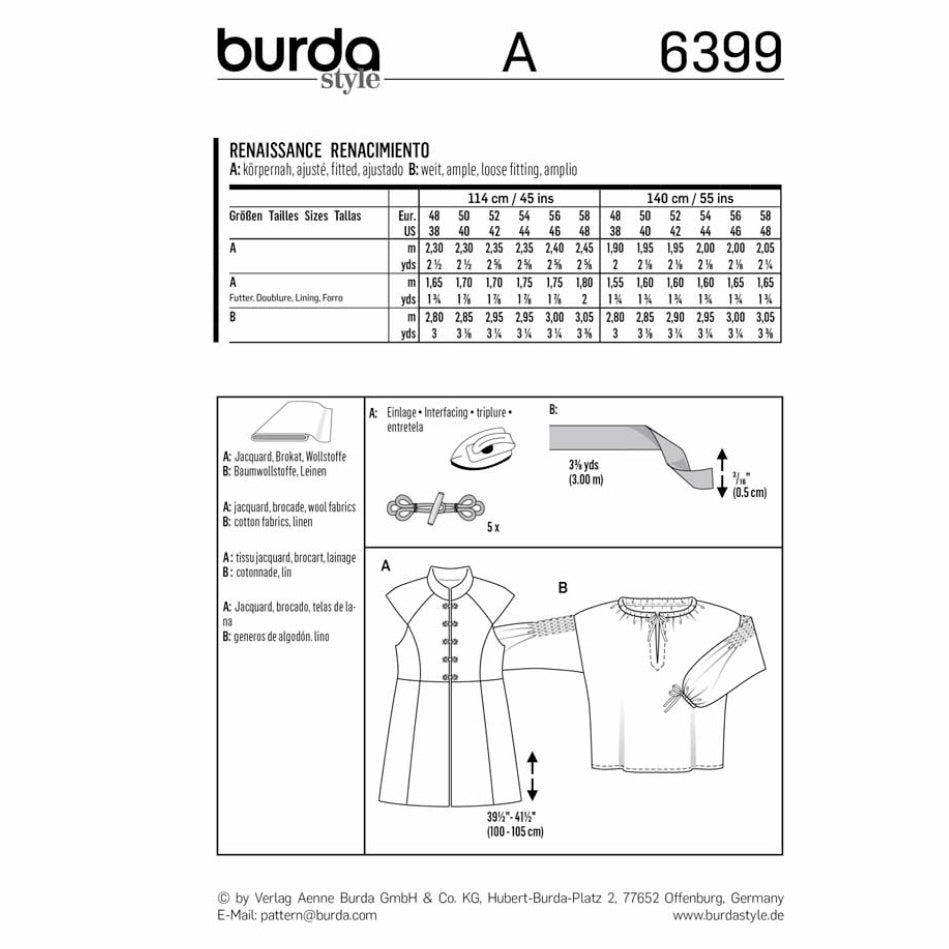 Burda Style 6399 - Renaissance - Long Vest/Waistcoat and Shirt For Men Sewing Pattern