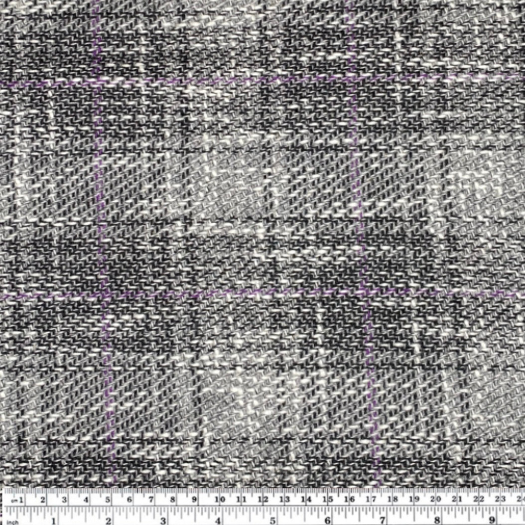 Woven Wool Coating - Plaid - Grey/White/Black/Purple