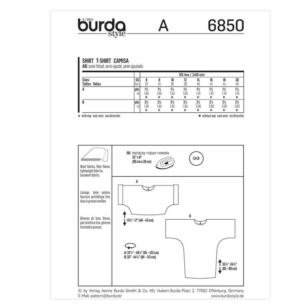 Shirt Sewing Pattern - Burda Young 6850