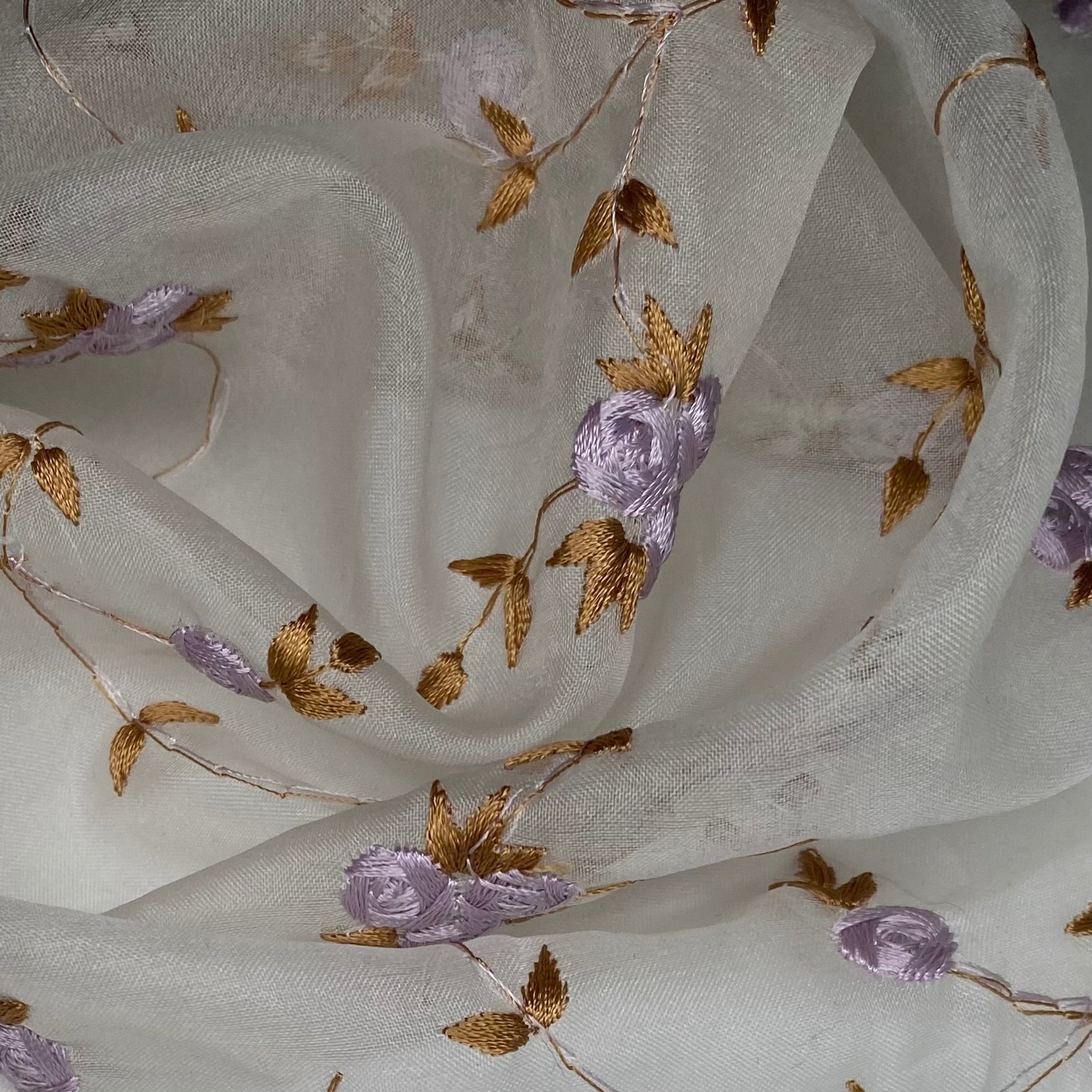 Embroidered Silk Organza - Off White/Purple/Brown