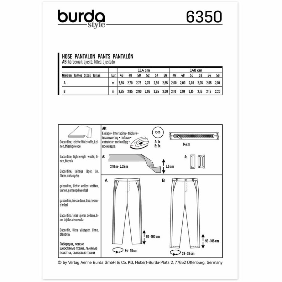 Burda Style 6350 - Men’s Pants/Trousers Sewing Pattern