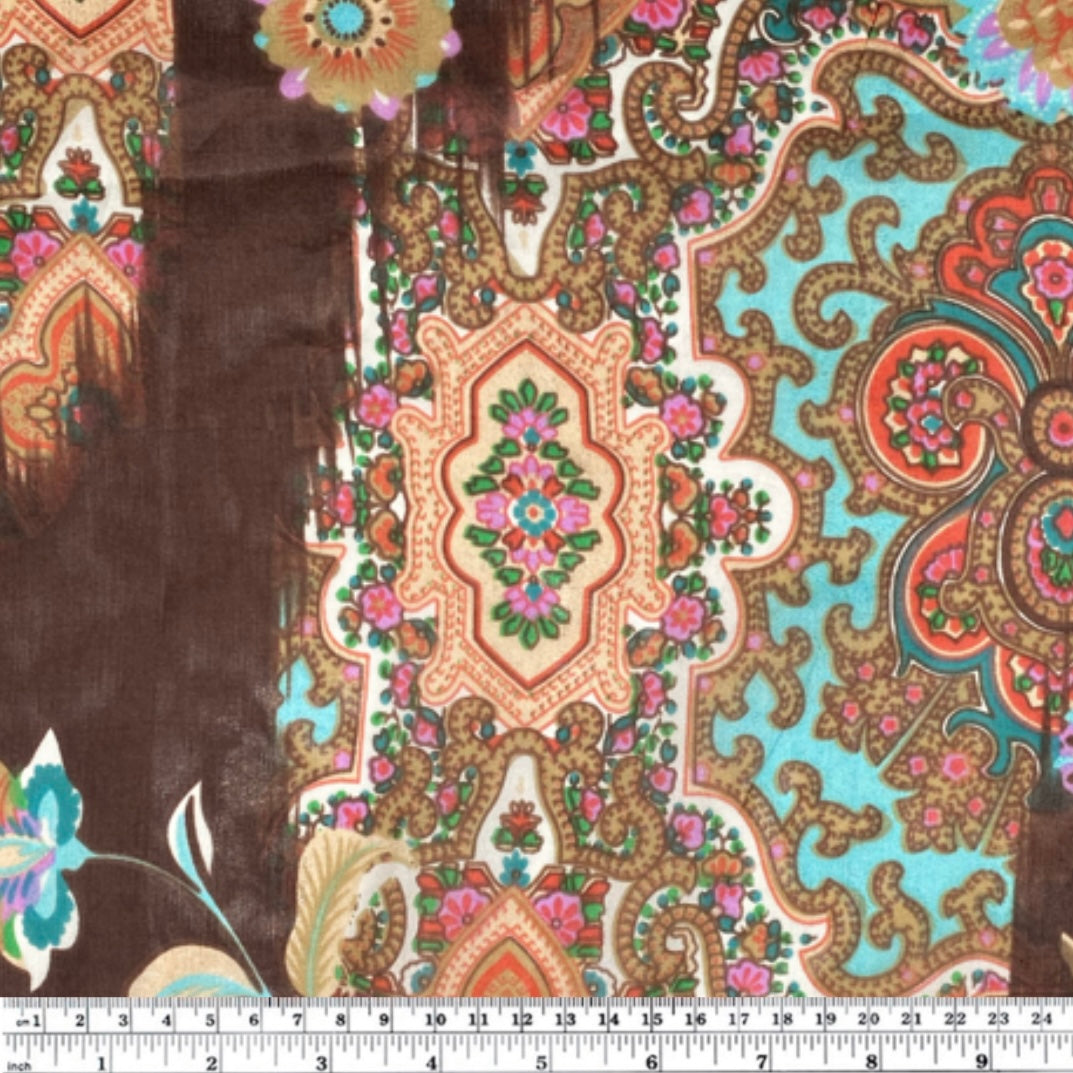 Printed China Silk - Paisley - Brown/Blue