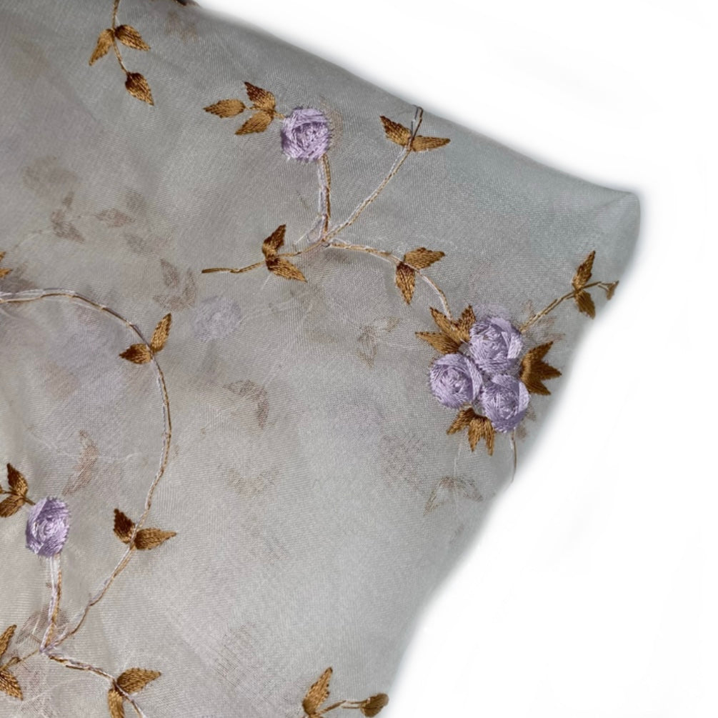 Embroidered Silk Organza - Off White/Purple/Brown