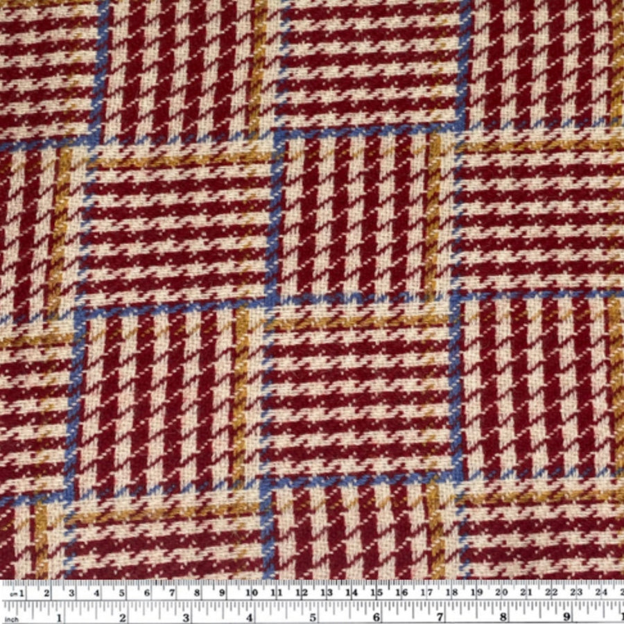 Wool Coating - Houndstooth Plaid - Red/Cream/Light Blue/Yellow