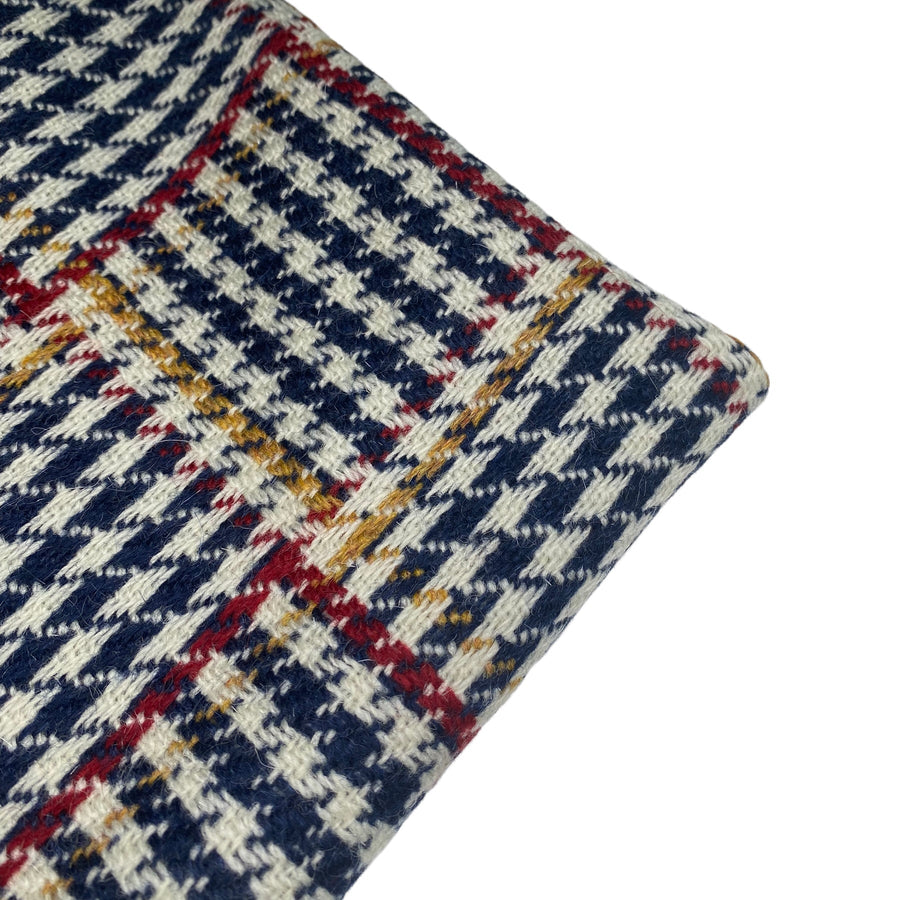 Wool Coating - Houndstooth Plaid - Blue/Cream/Red/Yellow