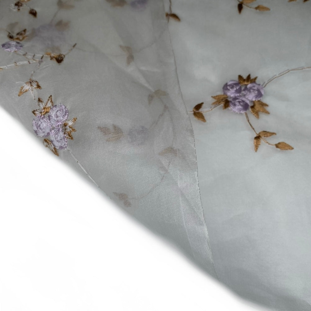 Embroidered Silk Organza - Off White/Purple/Brown