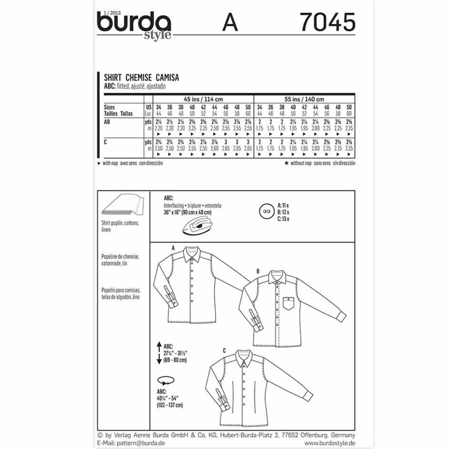 Burda Style 7045 - Men’s Shirt Sewing Pattern