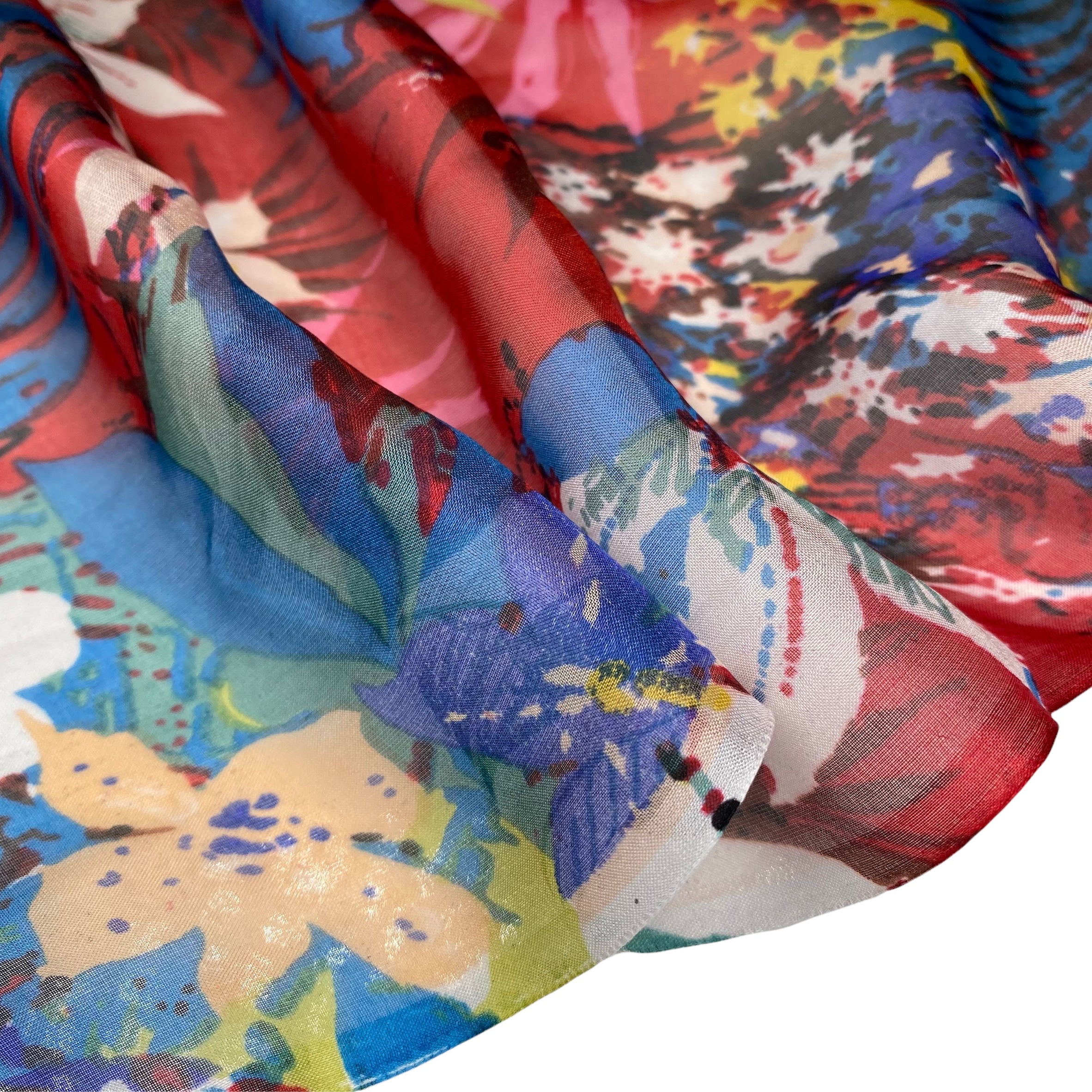 Printed Silk Chiffon - Floral - Red/Blue